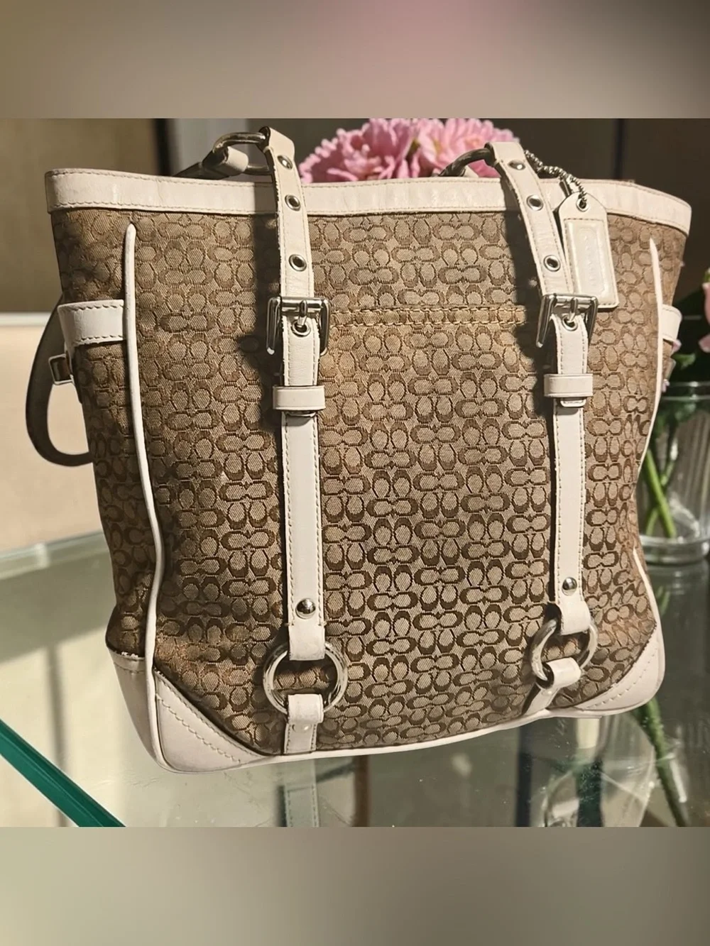 Coach 2007 Khaki and Chalk Signature Canvas Tote with Leather Trim - Picture 1 of 14